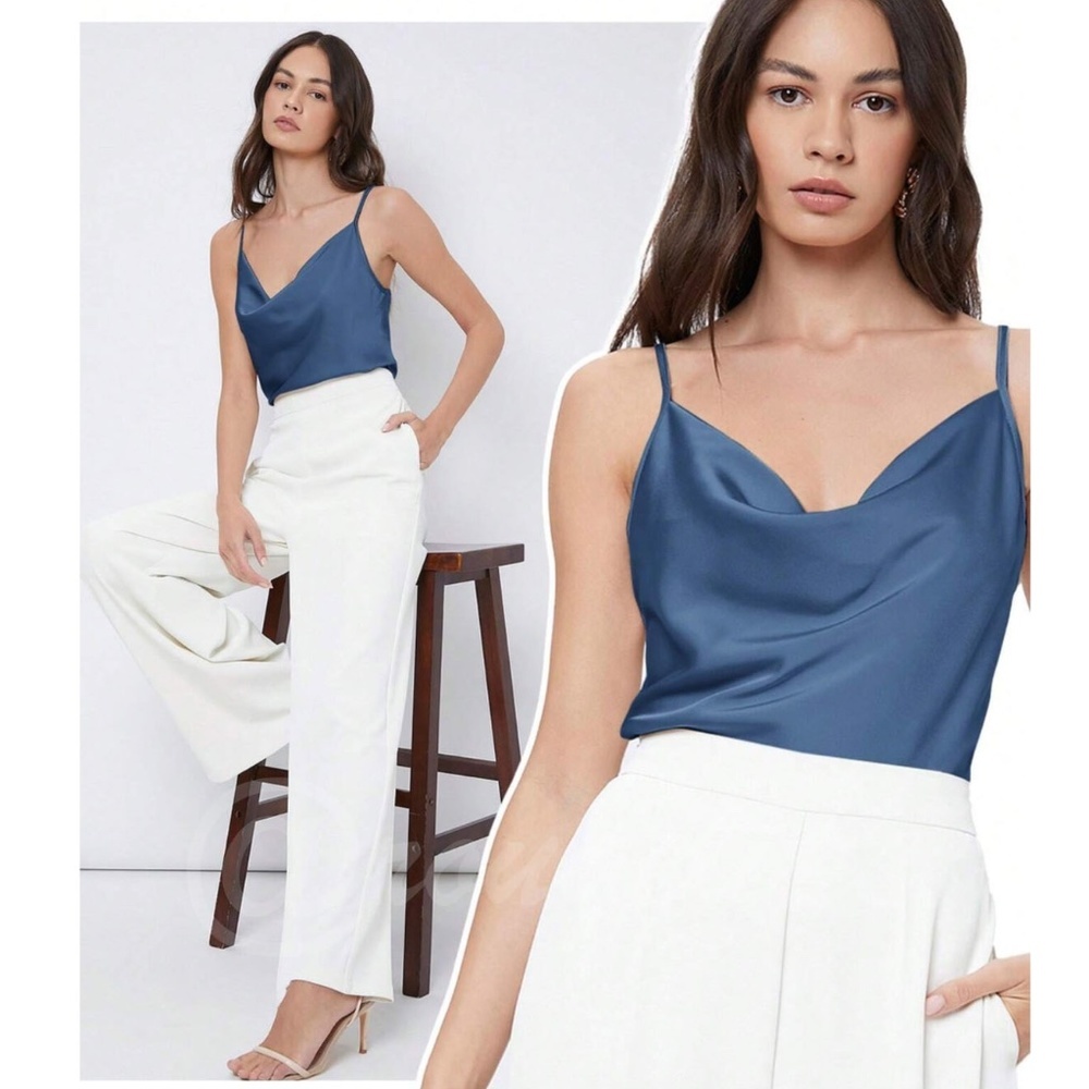 Blue Satin Glamorous Cowl Neck Spaghetti Straps Camisole Top Cami, Draped